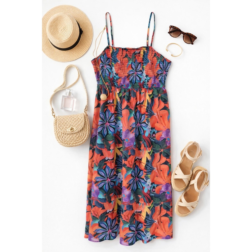 Dizzy Lizzy Floral‎ Smocked Bodice Midi Dress Orange Purple Blue Medium